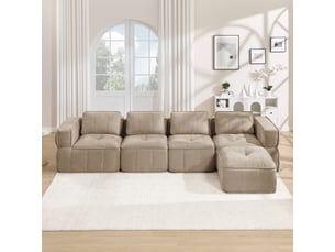Canapé modulaire 4 places sans pieds avec pouf, mousse haute densité 32d, assise profonde, tissu doux, couleur sable