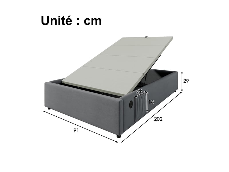  Lit coffre lit simple en coton et lin avec rangement hydraulique, usb et type-c, 200x90 cm, sans matelas, gris  - Conforama D