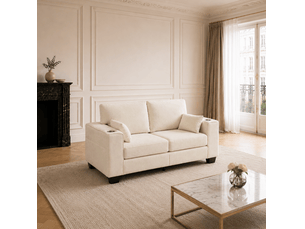 Canapé droit fixe 2 places beige en tissu avec porte-gobelets et poches latérales, idéal pour le salon