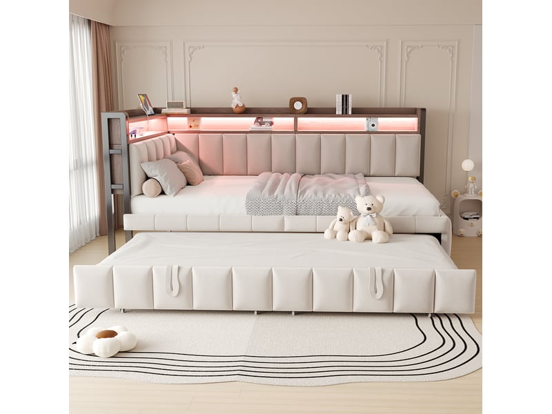  Modenvie canapé convertible gigogne 90x200 cm - led, usb et usb-c, avec rangements - beige  - Conforama E