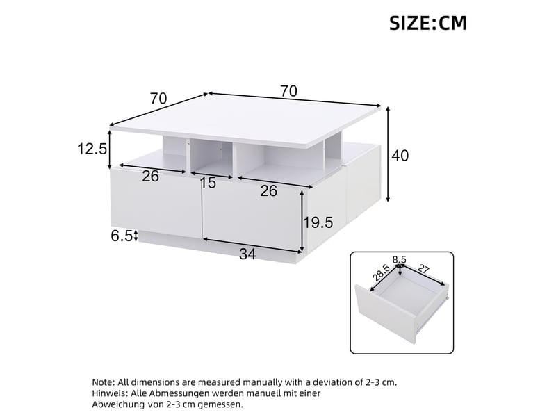 Table basse carrée blanc avec 4 tiroirs - 70x70 cm led panneau de particules table basse blanc - Conforama C
