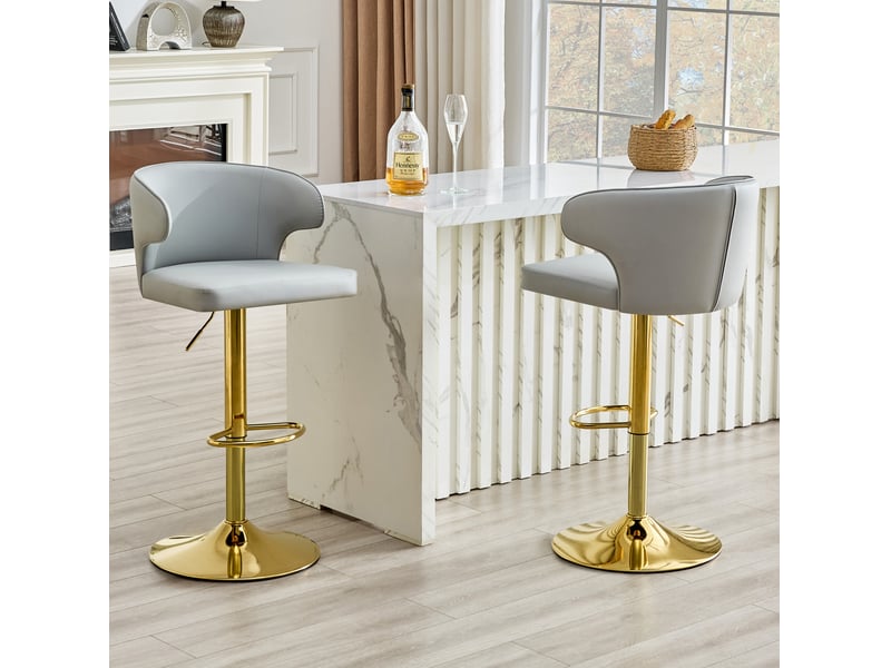  Tabouret de bar 2 pièces avec dossier, hauteur réglable et rotation 360°, avec repose-pieds, en pu gris  - Conforama D