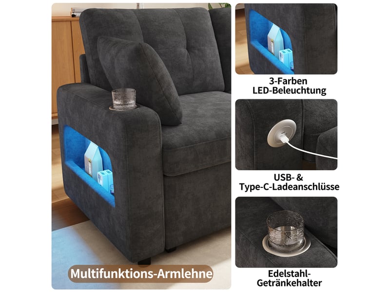  Canapé convertible 2 places avec usb, type-c, led et rangements - porte-gobelets, chenille gris  - Conforama E