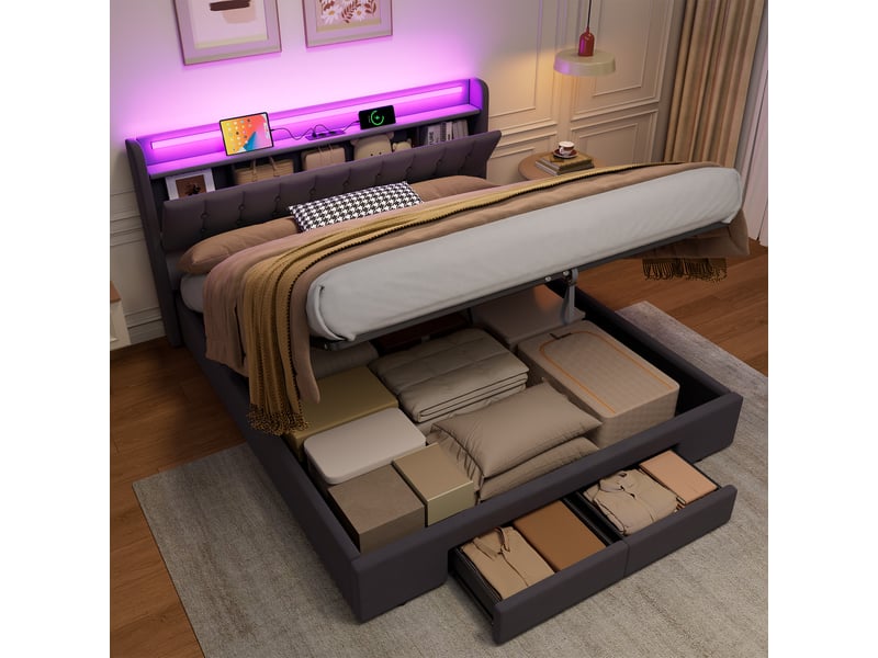 Lit rembourré 180x200 avec led, usb et 2 tiroirs de rangement cravdom - Conforama D