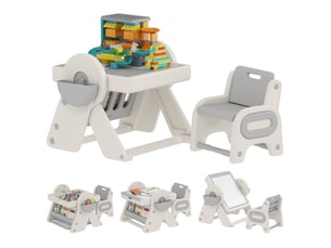Table enfant multifonctionnelle avec étagère de rangement et tiroirs, en pehd et pp, gris et blanc