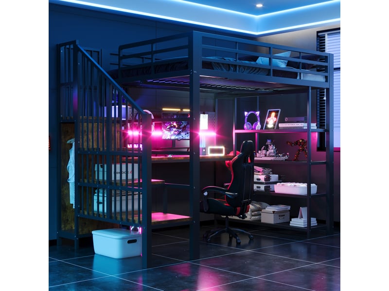  Lit mezzanine métal 140 x 200 cm noir avec long bureau, prise eu, grand panneau perforé, led, escalier rangement, étagères, chambre ado  - Conforama D