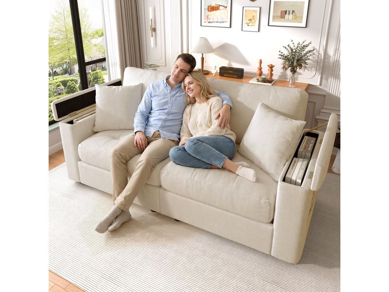  Canapé 2 places, canapé de salon, en chenille, beige, design moderne, 180 cm, mobilier pour espace de vie, pour salon et séjour  - Conforama C