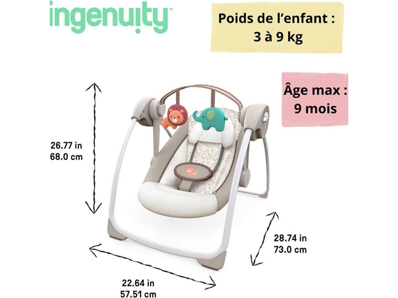  Balancelle compacte electrique bebe beige avec 6 vitesses 2 positions minuterie 6 melodies controle volume technologie silencieuse pliant 60194 - Conforama D
