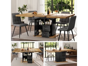 Table à manger extensible 110–140 x 80 x 75 cm, avec 2 tiroirs et 1 porte, plateau en bois pour 6 personnes, naturel