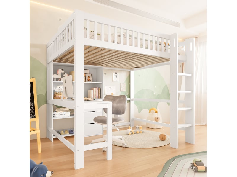  Lit mezzanine enfant 140x200 cm avec bureau, rangements et 3 tiroirs blanc  - Conforama B