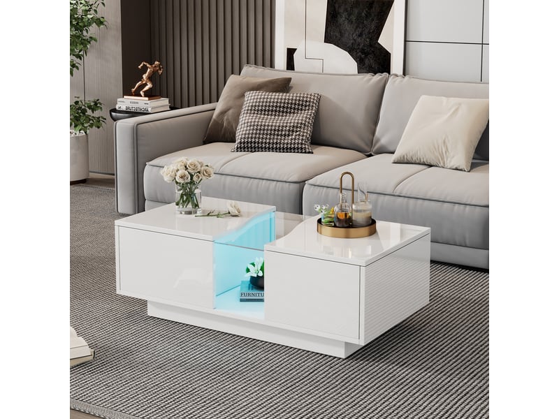  Table basse led blanche 100x50x35 cm avec 2 tiroirs de rangement, table de salon moderne haute brillance et plateau en acrylique  - Conforama C