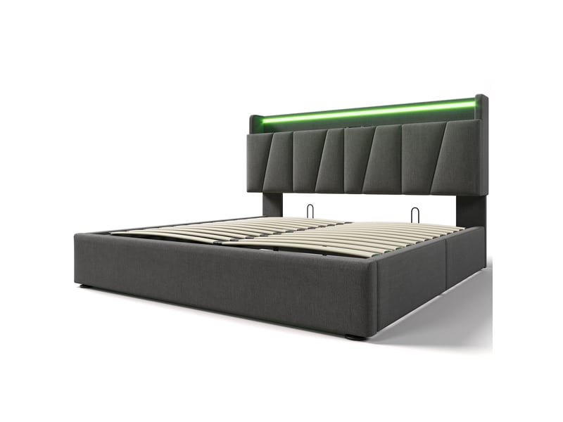  Lit coffre double,160x200 cm,avec led et usb,lin,gris  - Conforama D