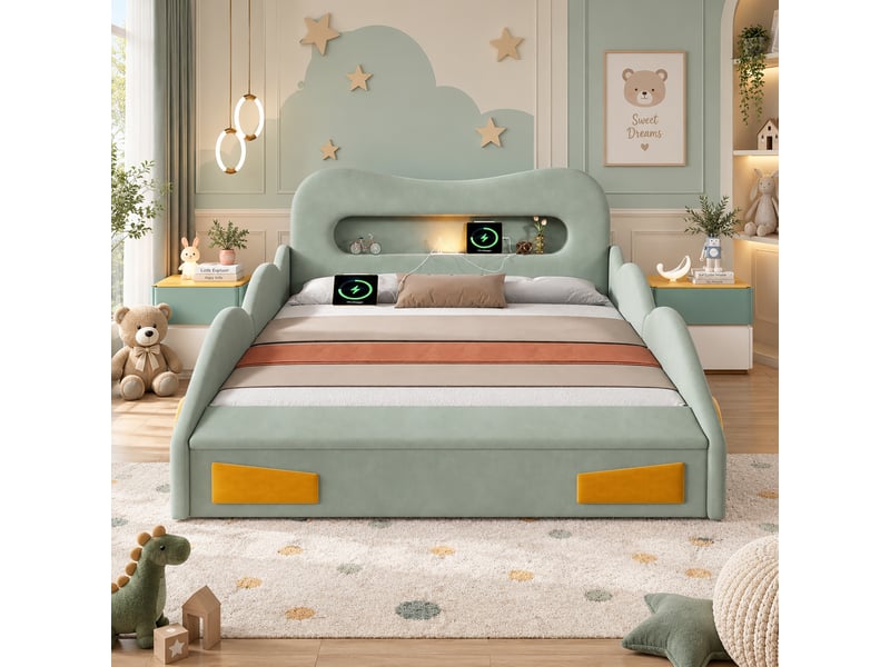  Lit enfant modenvie voiture rembourré 140 x 200 cm flanelle vert avec rangement  - Conforama D