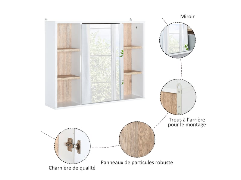  Armoire de salle de bain murale avec miroir et rangements blanc 60 x 14,5 x 49,4 cm  - Conforama E