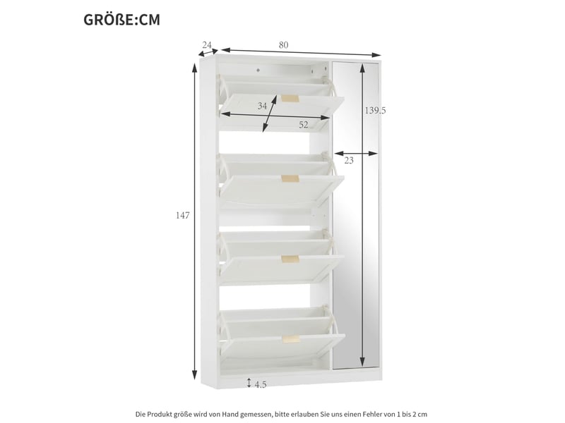  Meuble à chaussures ulevr avec miroir, 4 compartiments abattants, étagères réglables, 80 x 147 x 24 cm, blanc, panneaux de particules  - Conforama C