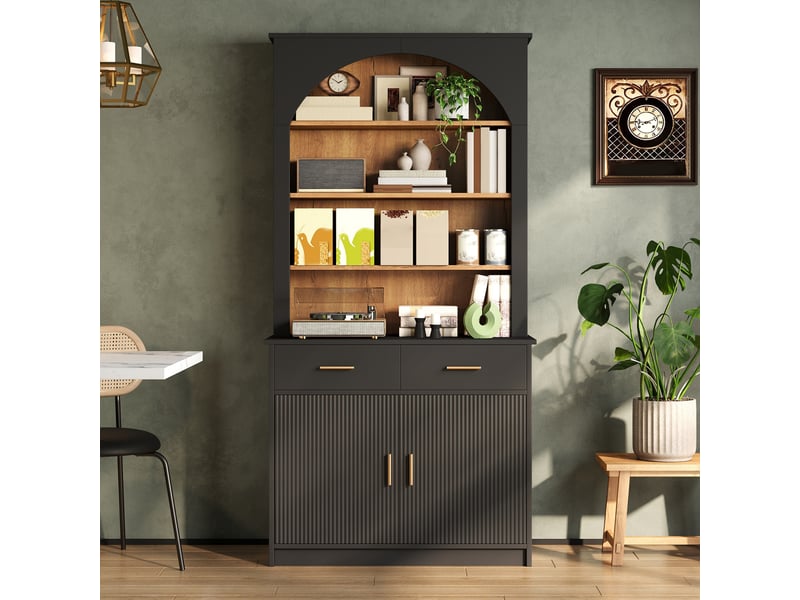  Armoire de cuisine haute 80x40x180cm, façade ondulée, 2 portes, 2 tiroirs, poignées dorées et étagères réglables, noir et bois naturel, cuisine  - Conforama B