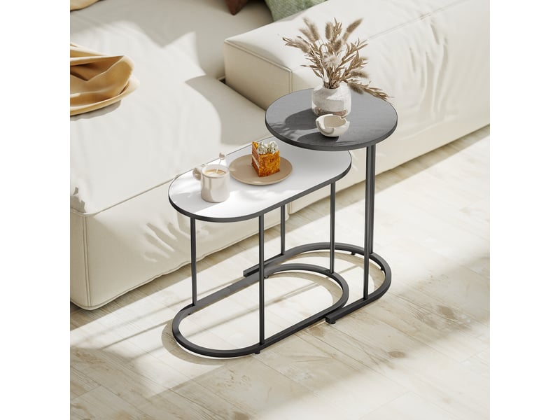  Lot de 2 tables basses gigognes, cadre en métal gris et blanc, tables d'appoint empilable style contemporain  - Conforama W