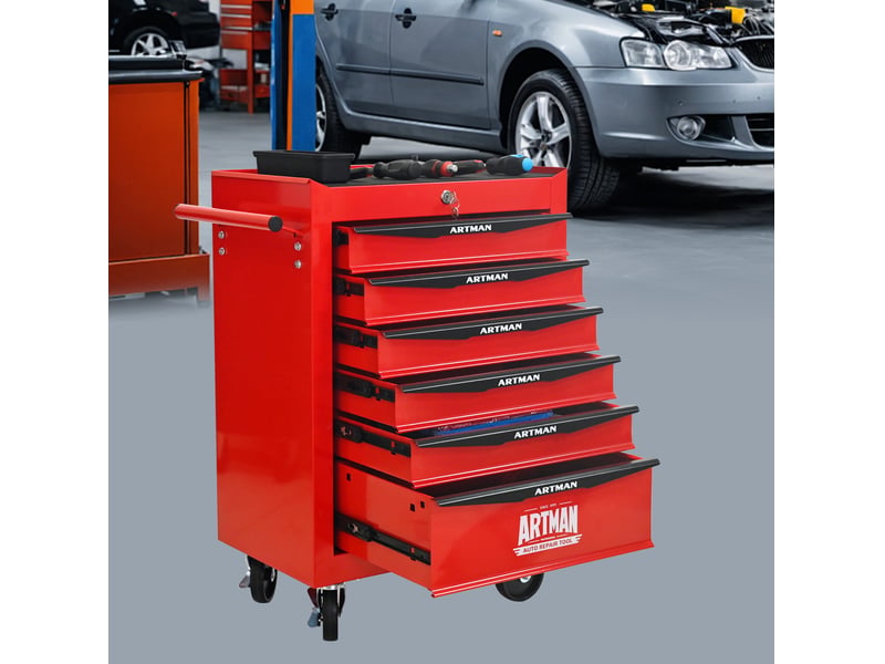 Servante d'atelier à 6 tiroirs 60 x 33 x 77,5 cm rouge et noir en acier, mobile et verrouillable  - Conforama B