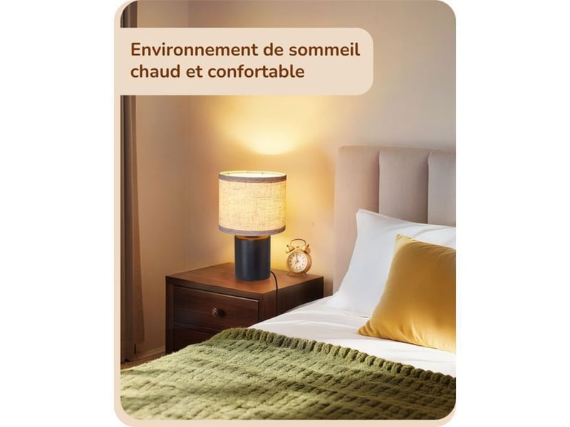  Lampe de table led 30 cm pied bois noir abat-jour lin beige ampoule e27 4w blanc chaud 2700k 370618_AADAA21761_6_DROPFR - Conforama D