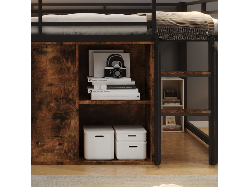  Lit mezzanine 120 x 200 cm - avec prise de courant et lumière led - avec casiers et compartiments de rangement ouverts - noir (matelas non inclus)  - Conforama W