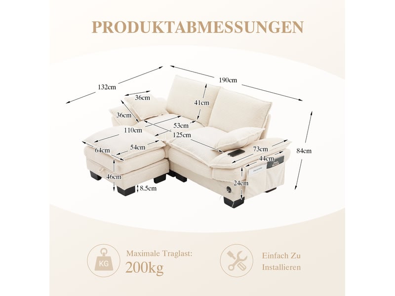  Canapé modulaire 2 places en velours côtelé avec coffre, assise large, usb-c et poches latérales, beige  - Conforama E