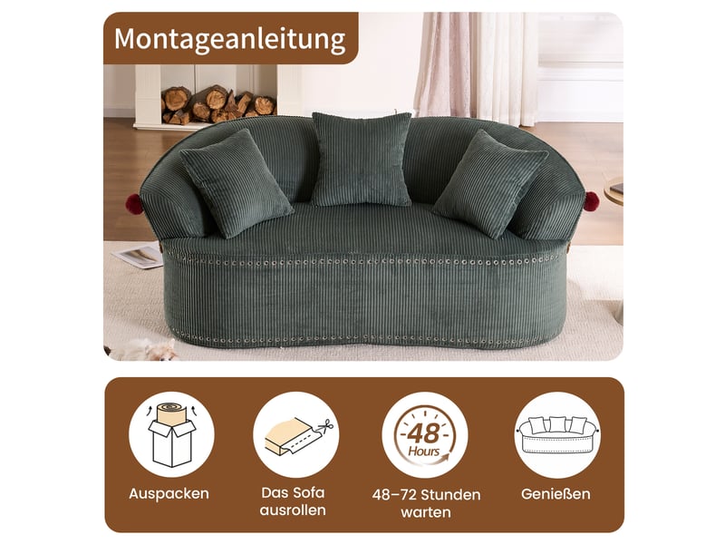  Canapé 2 places 163x93 cm – vert foncé – velours côtelé, silhouette chapeau de clown et 3 coussins inclus  - Conforama B