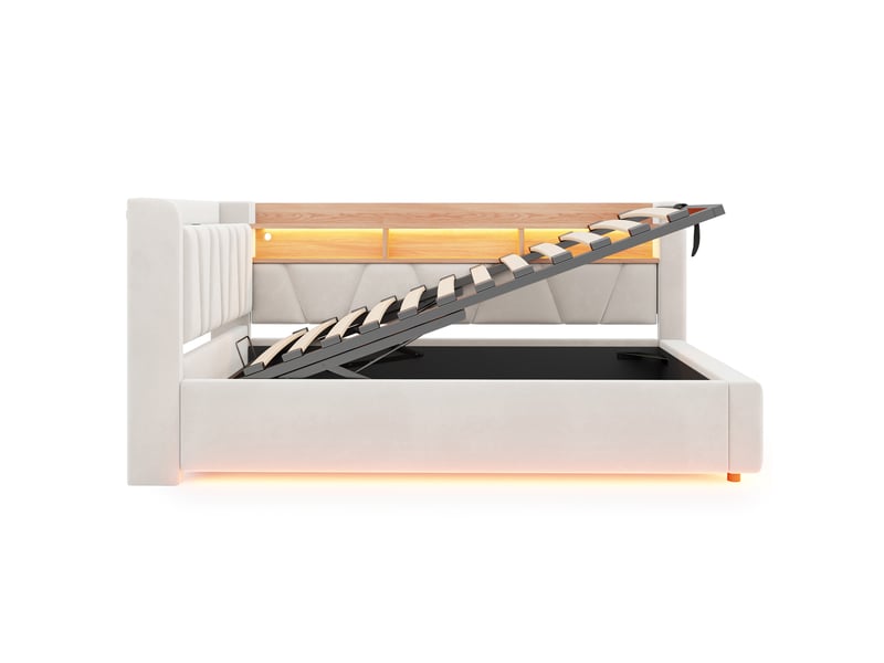 Lit banquette coffre 90 × 200 cm en velours beige, led et usb IKSETERA TRADING LTD - Conforama E