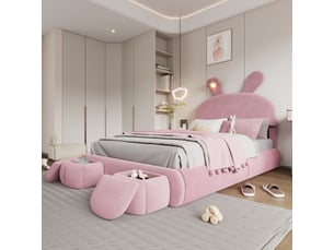 Lit capitonné, lit double, lit hydraulique, oreilles de lapin avec bandes lumineuses à luminosité réglable couleur chaude, espace de rangement sous le lit, deux tabourets de rangement, velours, rose, 140 x 200 cm