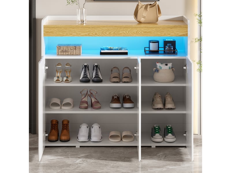  Buffet avec éclairage led 3 portes motif vague 105 cm blanc et naturel  - Conforama R