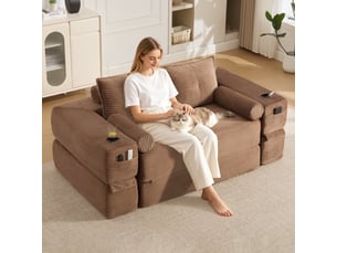 Canapé 2 places, avec couchage d'appoint, avec porte-gobelets, avec coussins, en velours côtelé, coloris marron, l180 x p98 x h80 cm