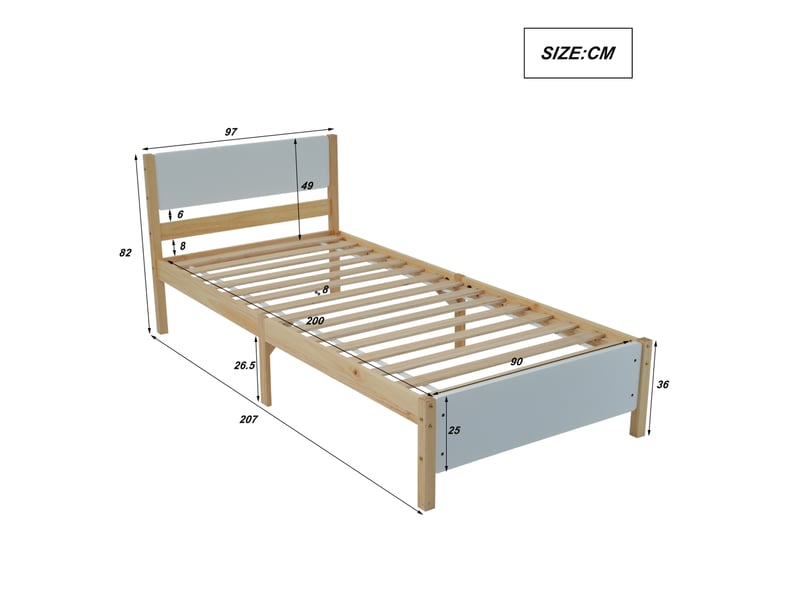  Lit simple 90x200 cm blanc et bois naturel, cadre en pin et mdf  - Conforama E