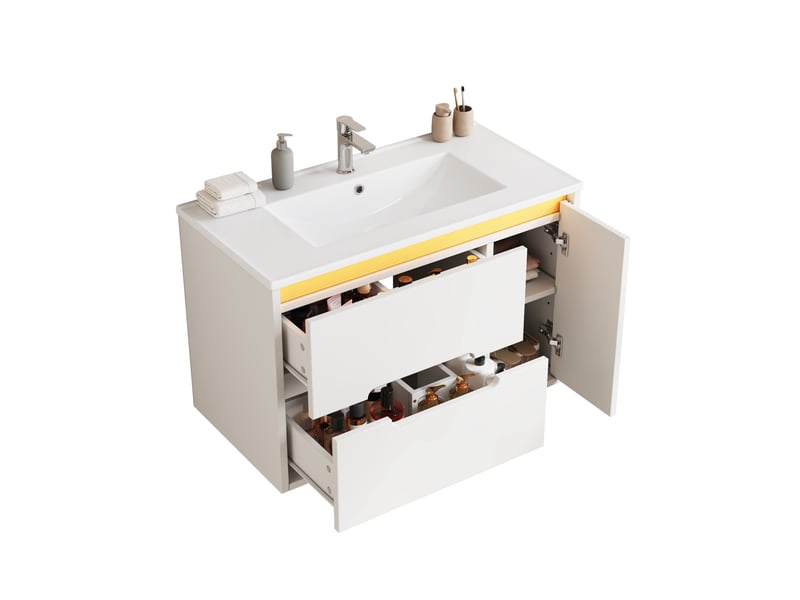  Meuble sous vasque mural avec 2 tiroirs, 1 porte, led et vasque en céramique pour salle de bain blanc 81 × 47 × 51 cm  - Conforama A