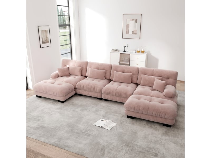  Canapé 4 places d’angle panoramique en tissu rose, largeur 406 cm, assise profonde W3325S00058 - Conforama B