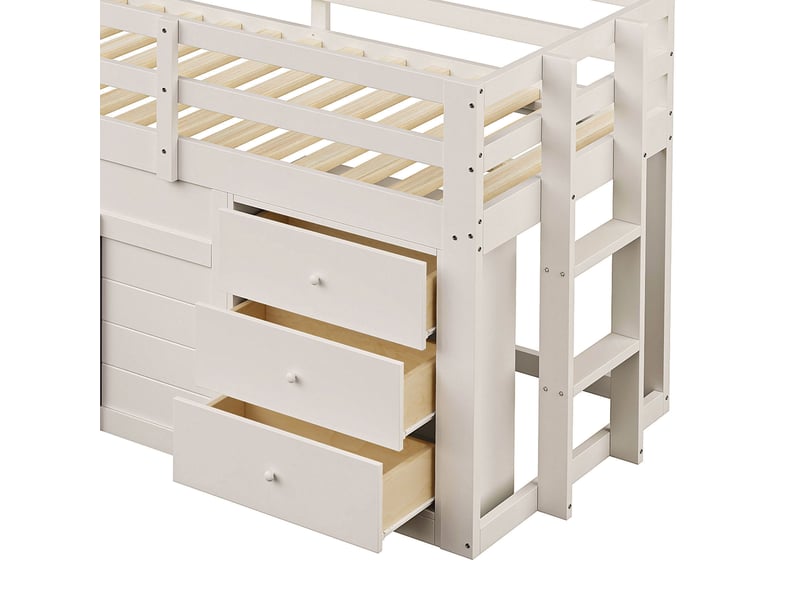  Lit enfant surélevé 90 × 200 cm, toboggan, 3 tiroirs et 2 portes, crème  - Conforama E