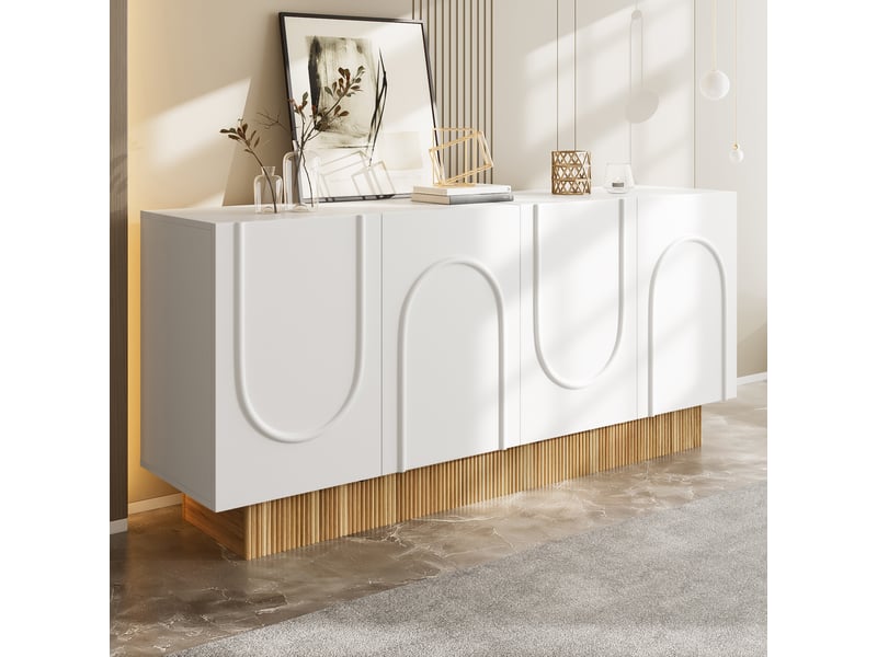 Buffet 160x75x38 cm avec 4 portes, meuble de rangement à 4 compartiments, façades à relief en u et socle décor bois, finition mate, blanc Seren Glow - Conforama E