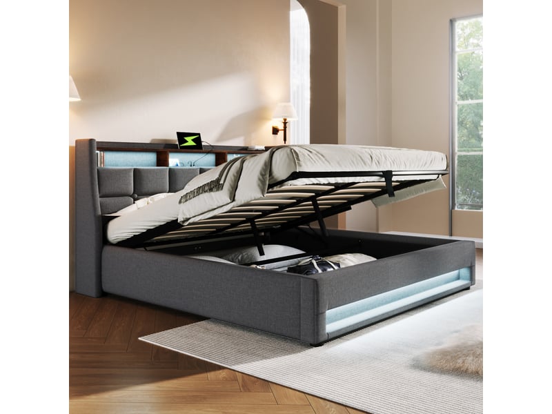  Lit 2 personnes 160x200 cm avec matelas, lit adulte avec led et usb, gris, cadre de lit avec tête de lit en lin  - Conforama D