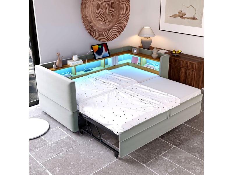 Lit gigogne 90x180-190 cm - gris clair - éclairage led - rangements intégrés - sans matelas - Conforama B