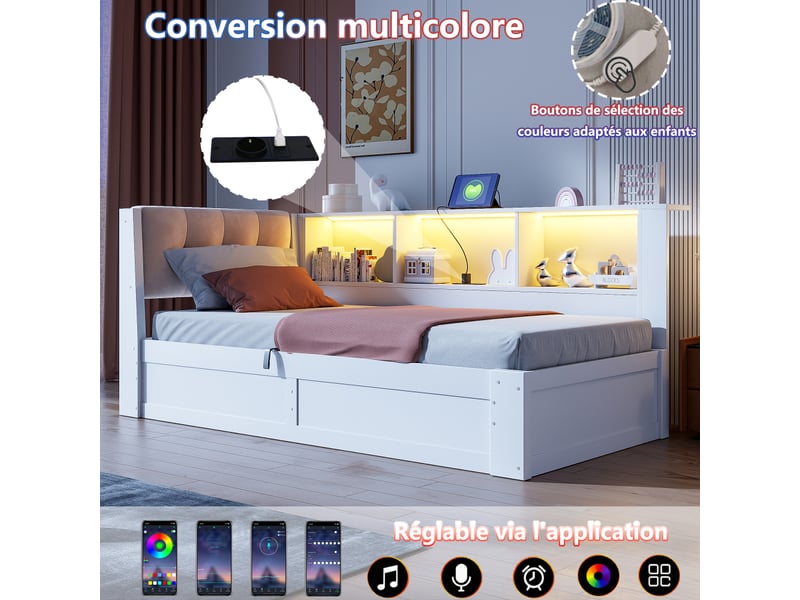  Lit de jour, canapé-lit, 90 x 200 cm, lit simple (sans matelas), suspension hydraulique, bande led à intensité variable, étagère pratique, port usb, pin, blanc  - Conforama D