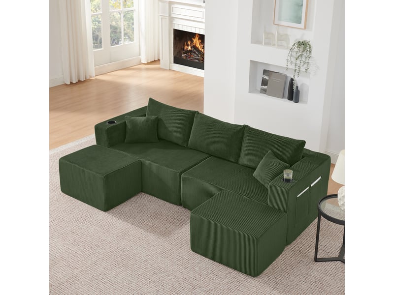  Canapé d'angle modulable - 230x138x75cm - canapé 3 places en velours côtelé avec 2 poufs amovibles et porte-gobelets - vert  - Conforama B