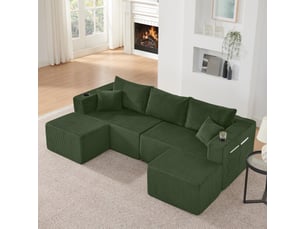 Canapé d'angle modulable - 230x138x75cm - canapé 3 places en velours côtelé avec 2 poufs amovibles et porte-gobelets - vert