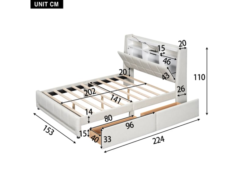  Lit capitonné, 140 x 200 cm, sans matelas, avec télécommande via application, éclairage led, tiroirs avec prises et ports usb, compartiment de rangement intégré, linge de lit, beige  - Conforama C