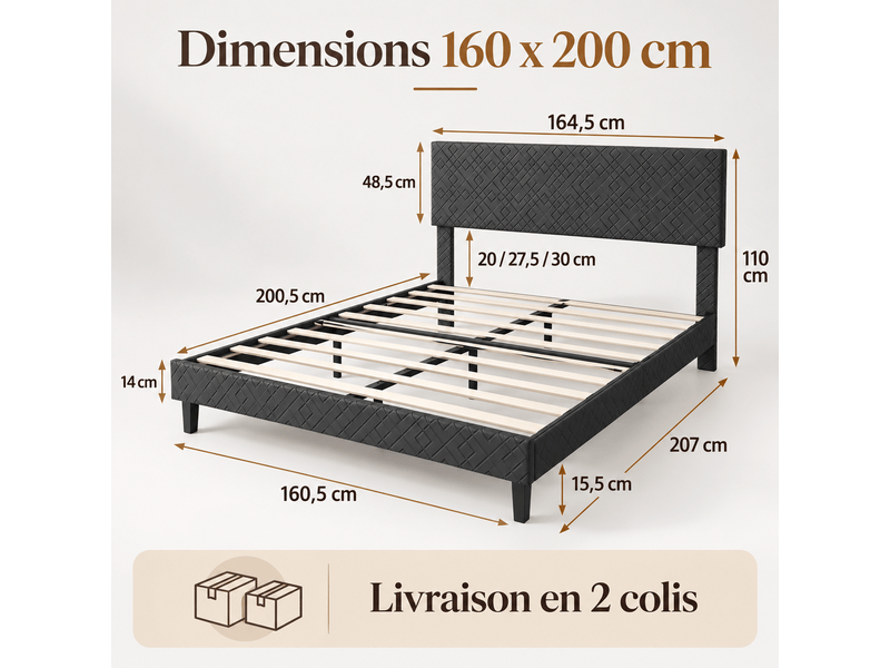 Cadre de lit double 160x200 cm avec sommier à lattes en bois, lit rembourré avec tête de lit capitonné, 2 personnes2 places, rangement sous le lit, pour adultes et adolescents, facile à assembler, chambre, structure de lit queen… - Conforama R
