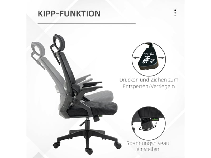  Chaise de bureau ergonomique avec appui-tête, accoudoirs, inclinable et réglable en hauteur  - Conforama D