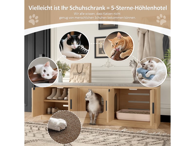  Meuble litière chat multifonction, banc d'entrée avec cache litière en chêne 140 cm, étagères réglables, aération et griffoir  - Conforama E