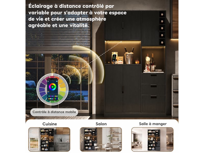  Meuble de cuisine muvano, buffet de cuisine haut noir avec 3 tiroirs et éclairage led  - Conforama B