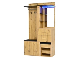 Vestiaire d'entrée avec miroir banc led et tiroirs mdf naturel et noir 100x40x172,5 cm