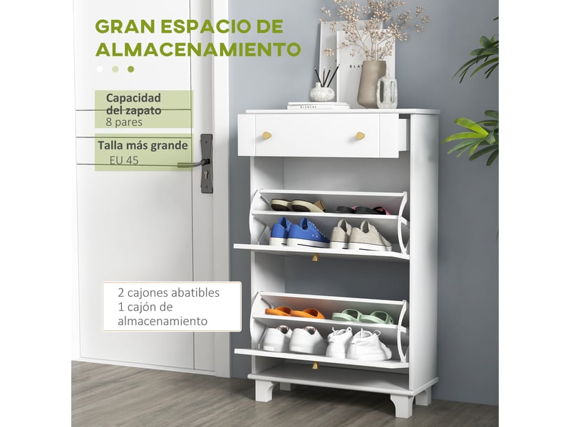  Meuble à chaussures blanc, étagère à chaussures étroite avec 2 portes à charnières et 1 tiroir pour 8 paires de chaussures, 60 x 23,5 x 98,5 cm  - Conforama E