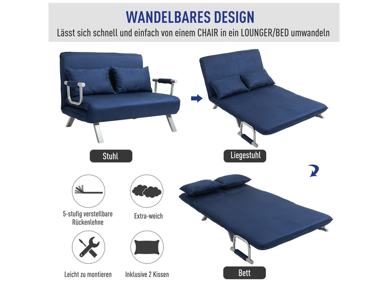 Canapé convertible, canapé-lit, 2 places, en velours, bleu, dossier réglable, finition capitonnée, chambre, pour salon - Conforama D