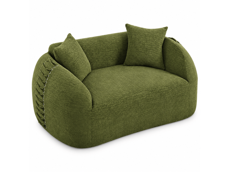 Canapé compressé 2 places 155x90x67 cm sans montage, sans structure, accoudoirs avec lacets, 2 coussins, mousse, tissu chenille vert - Conforama A