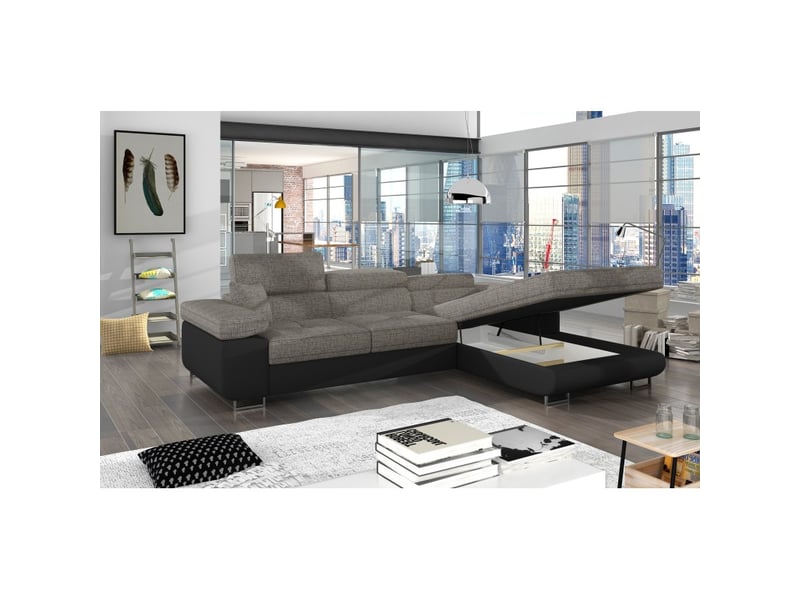 Canapé d'angle convertible amanda gris et noir – tissu effet lin – angle droit - Conforama B
